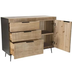 Buffet 3 tiroirs 1 porte teck et pieds métal CARLA