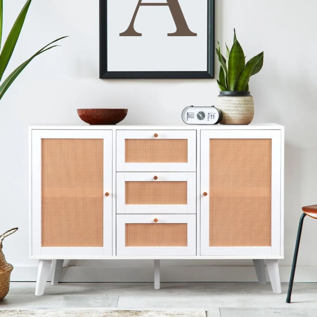 Buffet 3 tiroirs et 2 portes avec cannage Dalgora Blanc