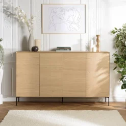 Buffet couleur naturelle 4 portes 6 étagères pieds métal noir MAXENDRE