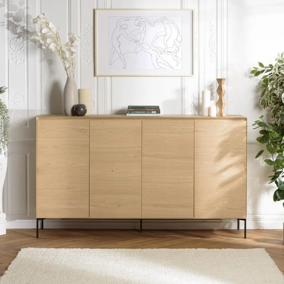 Buffet couleur naturelle 4 portes 6 étagères pieds métal noir MAXENDRE