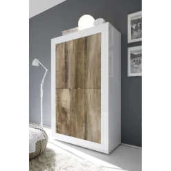 Buffet haut 4 portes en bois BASIC blanc et décor chene pero