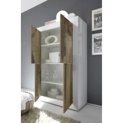 Buffet haut 4 portes en bois BASIC blanc et décor chene pero