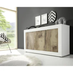 Buffet haut 4 portes en bois BASIC blanc et décor chene pero