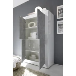 Buffet haut 4 portes en bois BASIC blanc et décor beton