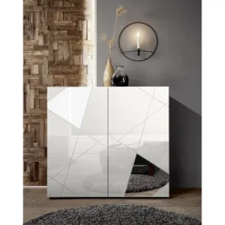 Buffet haut 2 portes VITTORIA blanc laqué avec sérigraphie