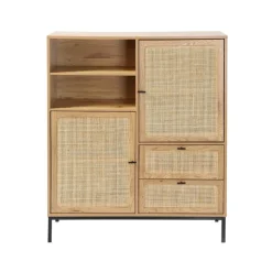 Buffet Haut en cannage rotin naturel. 2 portes et 2 tiroirs en bois Beige