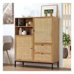 Buffet Haut en cannage rotin naturel. 2 portes et 2 tiroirs en bois Beige