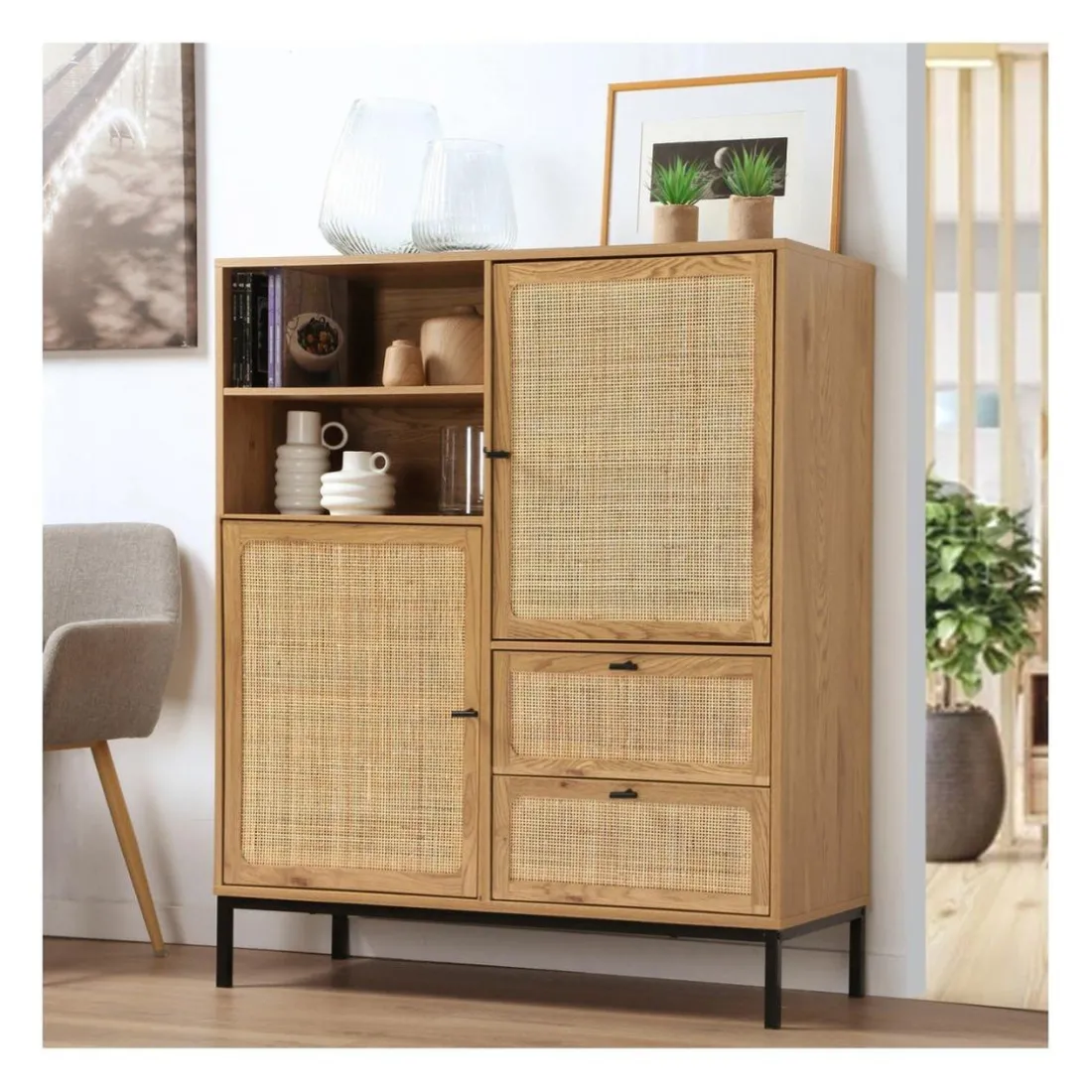Buffet Haut en cannage rotin naturel. 2 portes et 2 tiroirs en bois Beige