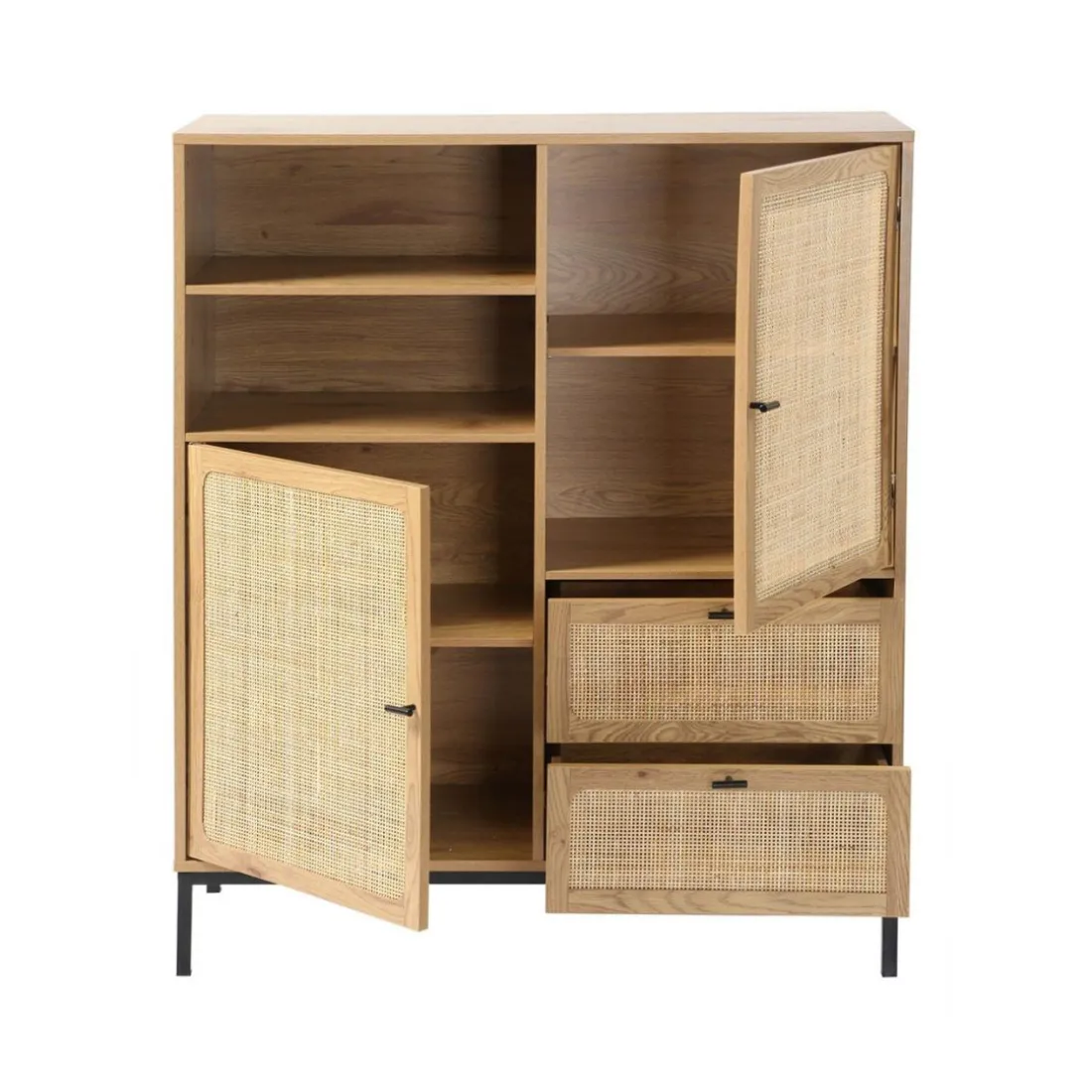 Buffet Haut en cannage rotin naturel. 2 portes et 2 tiroirs en bois Beige