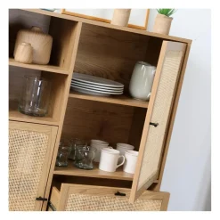 Buffet Haut en cannage rotin naturel. 2 portes et 2 tiroirs en bois Beige