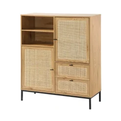 Buffet Haut en cannage rotin naturel. 2 portes et 2 tiroirs en bois Beige
