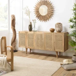 Buffet marron 5 portes bois de manguier et cannage naturel ISA