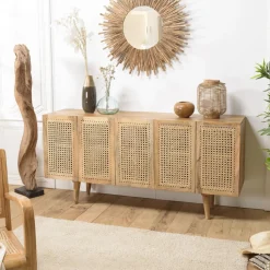 Buffet marron 5 portes bois de manguier et cannage naturel ISA