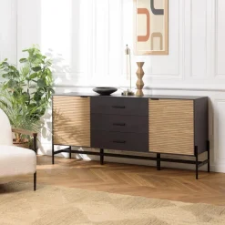 Buffet marron et noir 3 tiroirs 2 portes Pin pieds métal noir