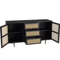 Buffet Noir 2 Portes Coulissantes 1 Porte Abattante Cannage YANIS