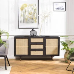 Buffet Noir 2 Portes Coulissantes 1 Porte Abattante Cannage YANIS