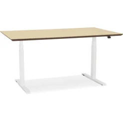 Bureau assis-debout électrique 'BIONIK'avec plateau en bois finition naturelle et pied en métal blanc