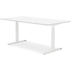 Bureau assis-debout électrique 'BIONIK'avec plateau en bois et métal blanc