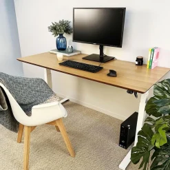 Bureau assis-debout électrique 'BIONIK'avec plateau en bois et métal blanc