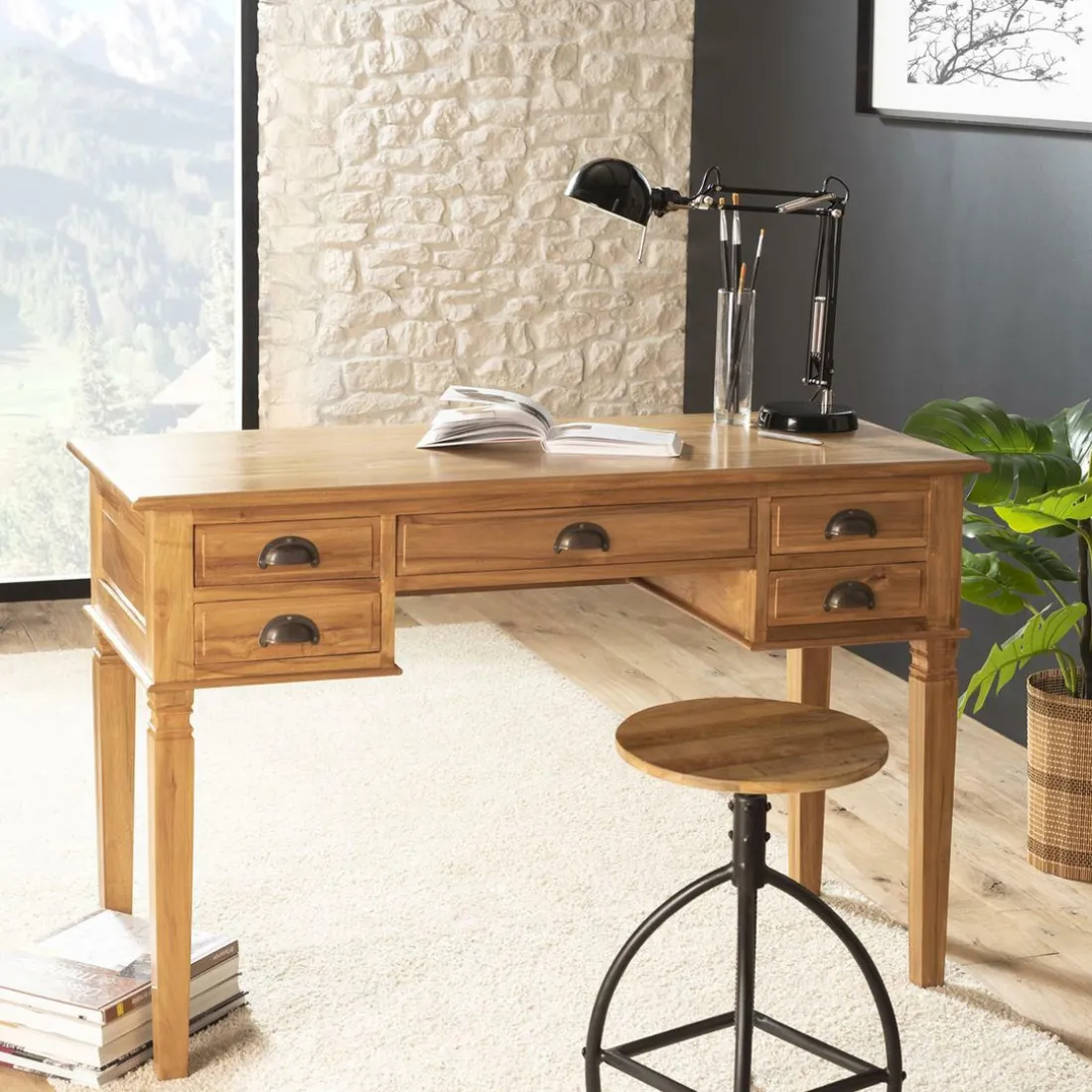 Bureau AYAN 5 Tiroirs Bois Teck