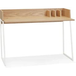 Bureau droit design 'SALMON' en bois finition naturelle et métal blanc
