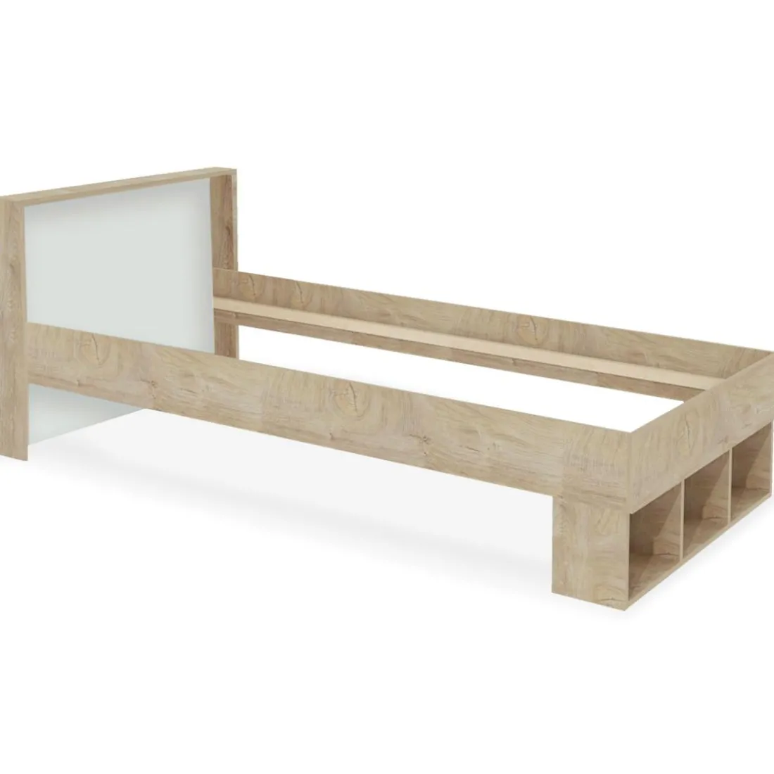 Cadre de lit simple Mitogo pour sommier avec 3 casiers de rangement Chêne clair