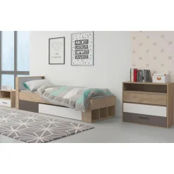 Cadre de lit simple Mitogo pour sommier avec 3 casiers de rangement Chêne clair