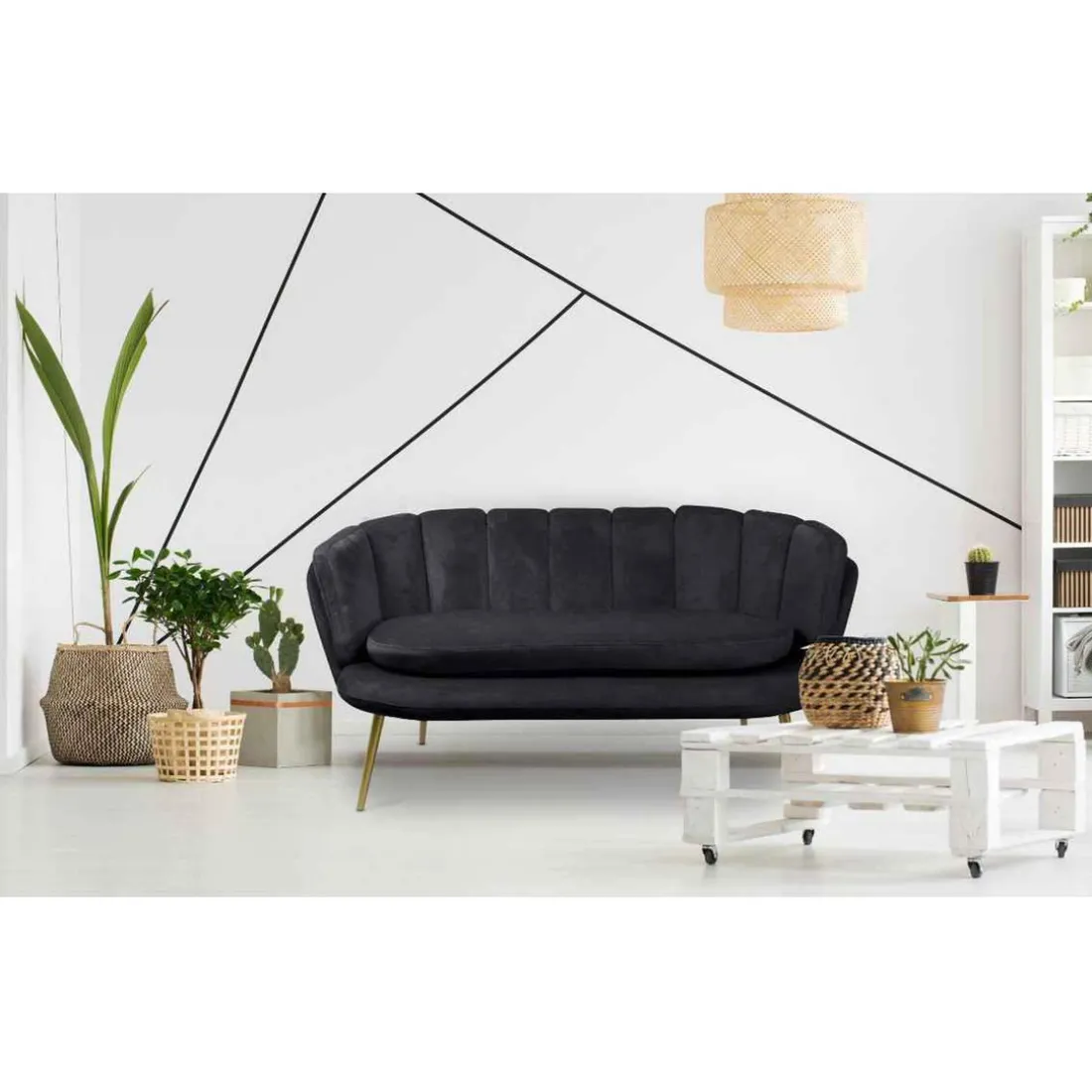 Canapé 2 Places Arrondi en Velours Noir Pieds Or