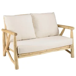Canapé 2 places en branches de Teck naturel avec coussins blancs MADURA