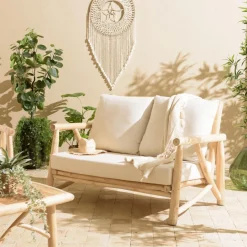 Canapé 2 places en branches de Teck naturel avec coussins blancs MADURA