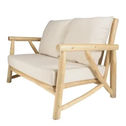Canapé 2 places en branches de Teck naturel avec coussins blancs MADURA