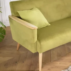 Canapé 2 places velours vert clair pieds et accoudoirs bois