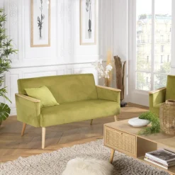 Canapé 2 places velours vert clair pieds et accoudoirs bois