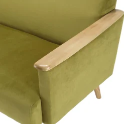 Canapé 2 places velours vert clair pieds et accoudoirs bois
