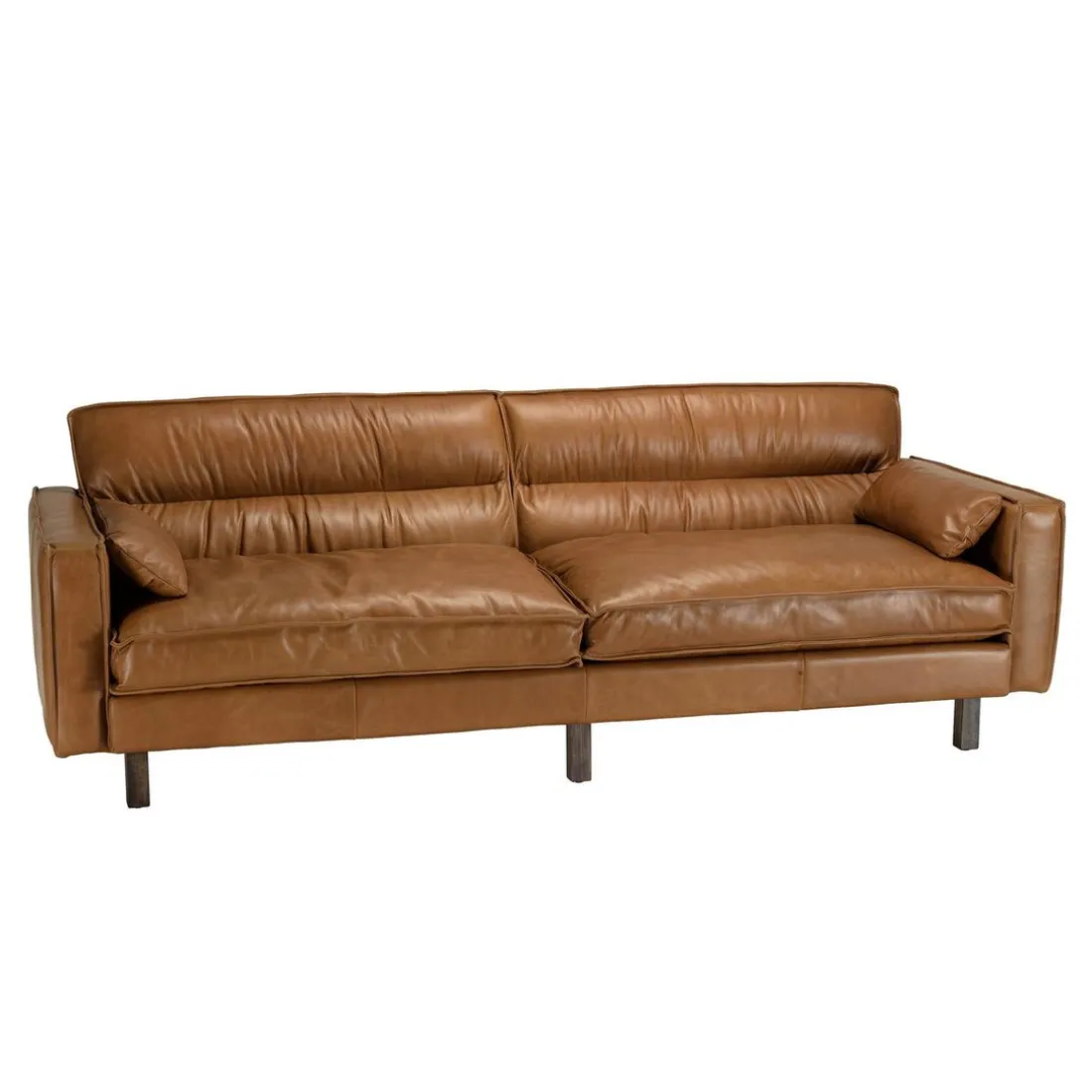Canapé 3 places vintage en cuir marron camel, pieds en bois GASTON