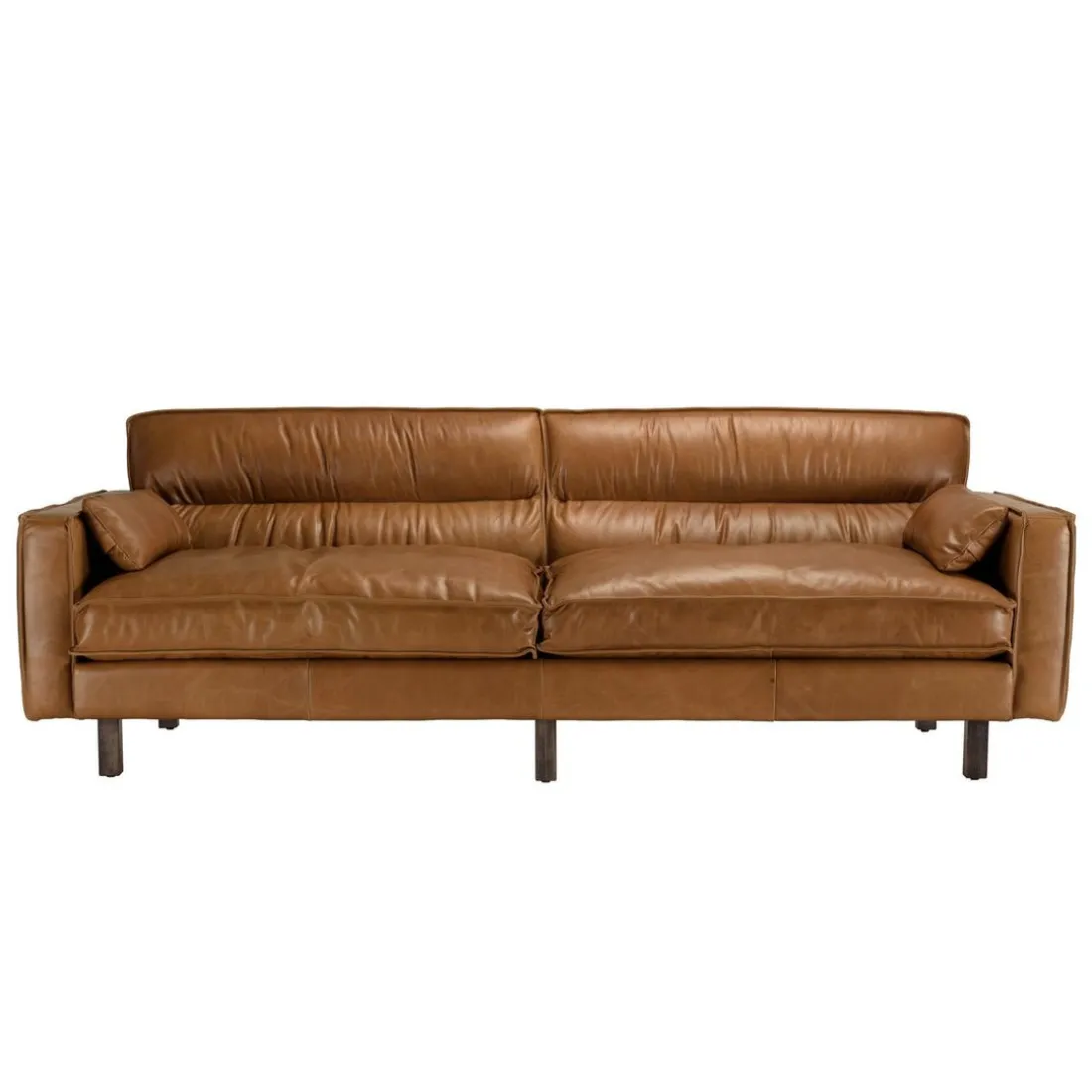 Canapé 3 places vintage en cuir marron camel, pieds en bois GASTON