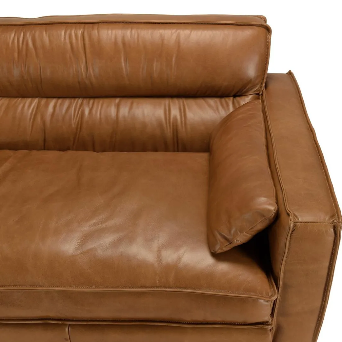 Canapé 3 places vintage en cuir marron camel, pieds en bois GASTON