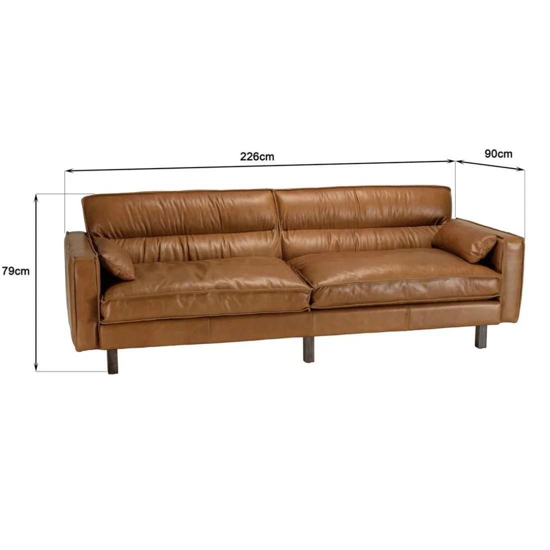 Canapé 3 places vintage en cuir marron camel, pieds en bois GASTON