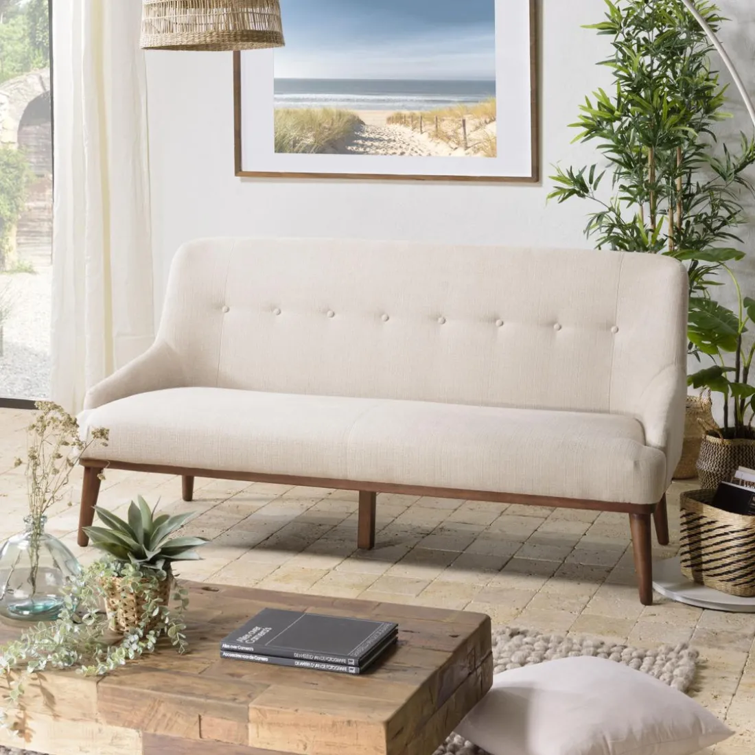 Canapé beige 2 places pieds en bois