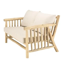 Canapé BORNEO 2places en branches de teck naturel coussins blancs WILL