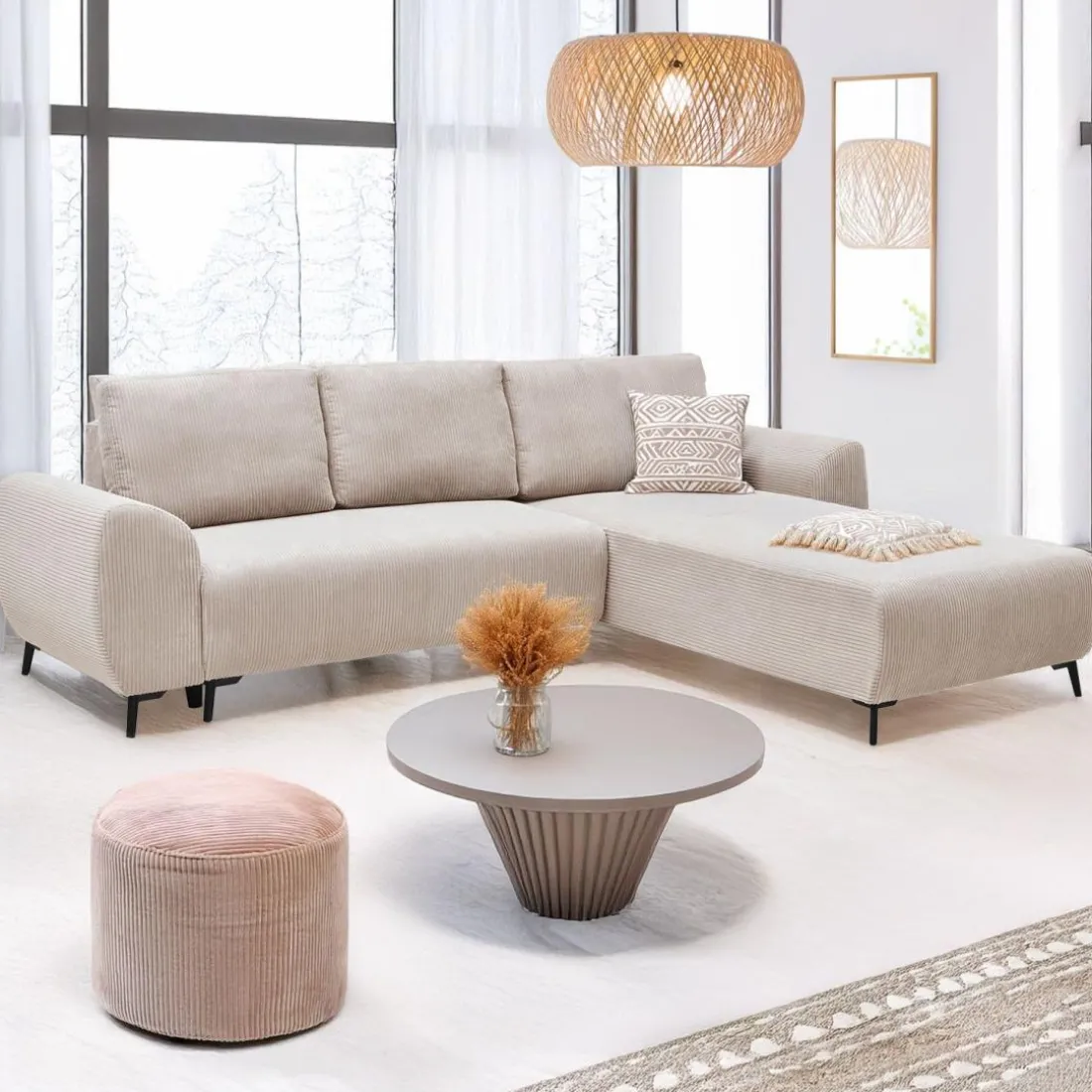 Canapé convertible avec angle à droite Paolo Velours côtelé Beige