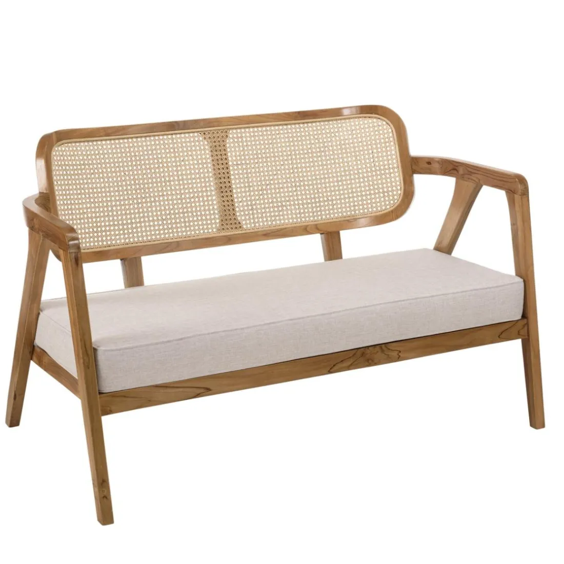 Canapé FLORES 2 places en teck avecdossier cannage naturel et coussin gris WILL Marron