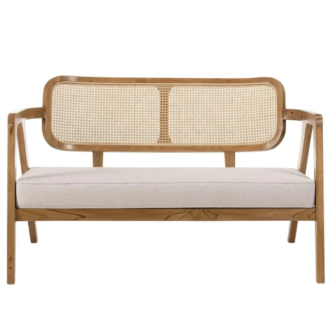 Canapé FLORES 2 places en teck avecdossier cannage naturel et coussin gris WILL Marron