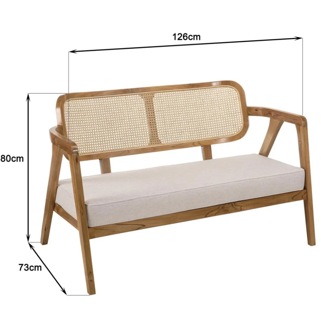 Canapé FLORES 2 places en teck avecdossier cannage naturel et coussin gris WILL Marron