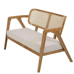 Canapé FLORES 2 places en teck avecdossier cannage naturel et coussin gris WILL Marron