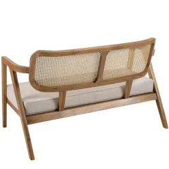 Canapé FLORES 2 places en teck avecdossier cannage naturel et coussin gris WILL Marron