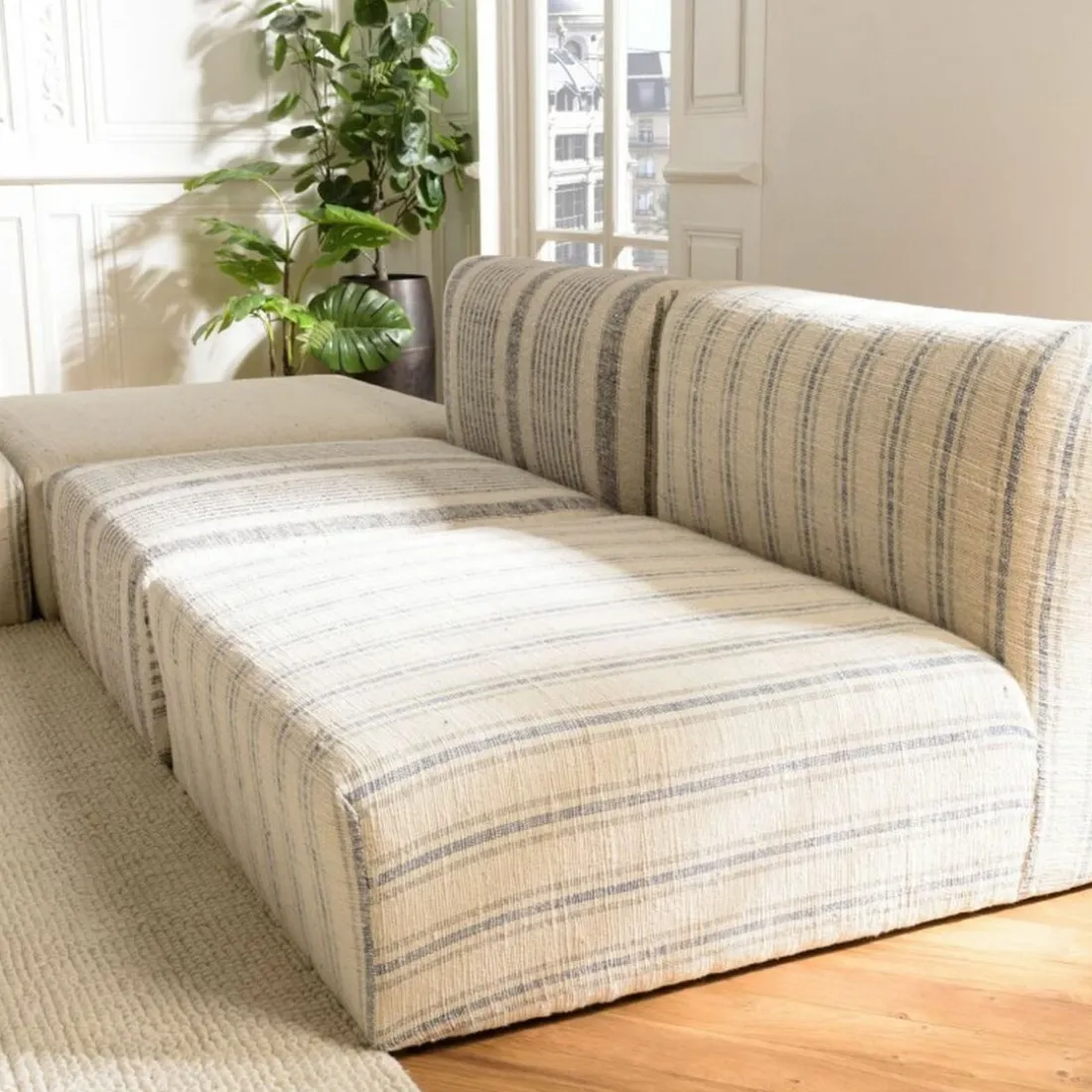 Canapé modulable 6 pièces bois de manguier et revetement coton GLORIA gris et beige