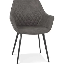 Chaise avec accoudoirs 'CHIGI' gaufrée en microfibre gris foncé et pieds en métal noir