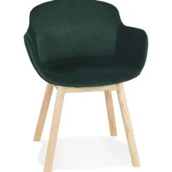 Chaise avec accoudoirs 'FRIDA' en velours vert et pieds en bois naturel