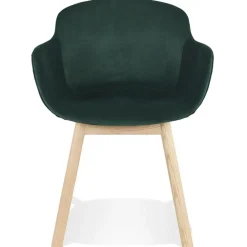 Chaise avec accoudoirs 'FRIDA' en velours vert et pieds en bois naturel